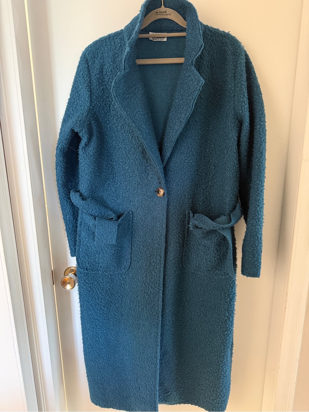Italicus Made in Italy Teal Blue Teddy Bouclé Long Coat Belted One Size